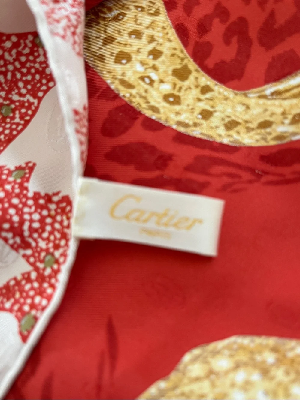 Cartier Red & Gold Silk Scarf with Leopard Motif